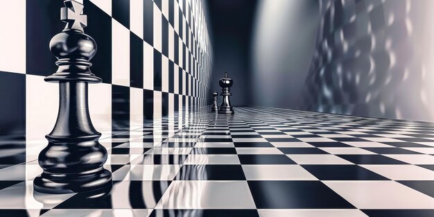 Photo a surreal chessboard landscape with towering kings and endless perspective in monochromatic beauty