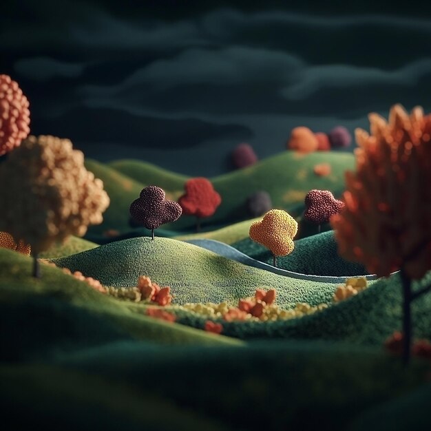 Photo surreal claymation landscape autumn vibes eerie vibes dark background with colorful leaves dark