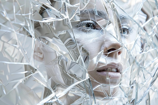 Photo surreal closeup of cracked mirror with ghostly face reflection in minimalist style