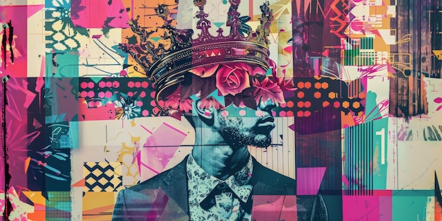 Surreal Collage Art of a Man with Crown in Vibrant Colors