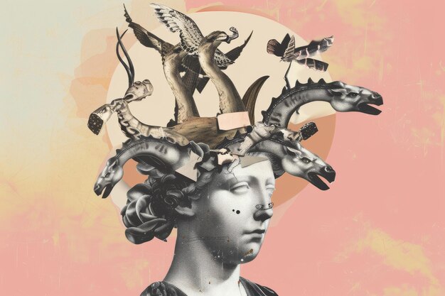 Photo surreal collage art with mythical creatures emerging from classical bust on pink background