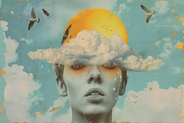 Surreal collage depicting a woman with a cloud in front of her eyes among flying birds and a sun in the background