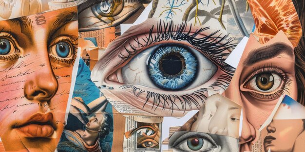 Surreal Collage of Eyes and Faces with Mixed Media Art Style