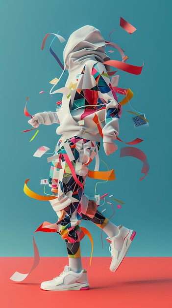 Photo surreal collage of floating figure with ribbons