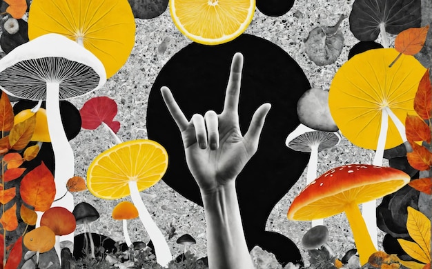 surreal collage of hand gesture and nature