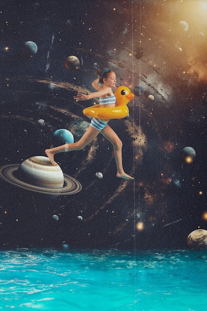 Surreal collage of person interacting with the solar system