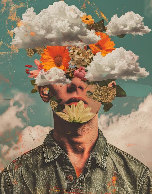 Surreal collage with flowers and clouds blending with human face in high contrast art