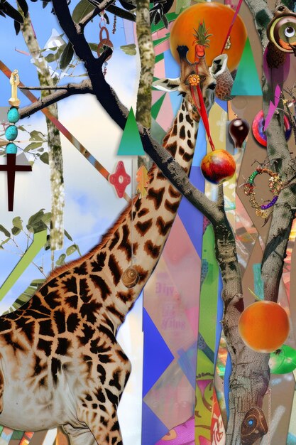 Photo surreal collage with giraffe colorful geometric shapes and mixed elements