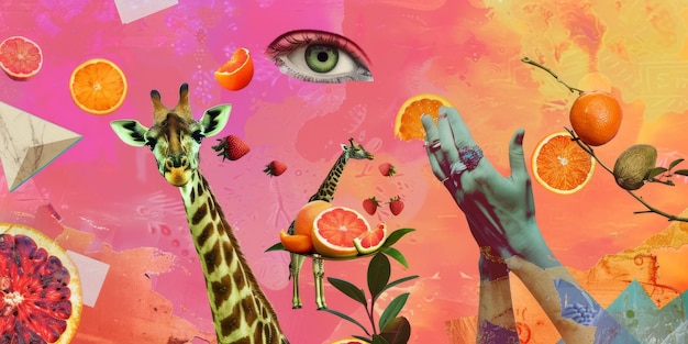 Surreal Collage with Giraffe Eye Hands and Citrus Fruits on Vibrant Background