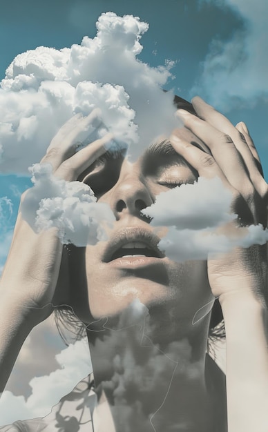 Surreal collage of a womans face with clouds evoking emotions of introspection and dreaminess