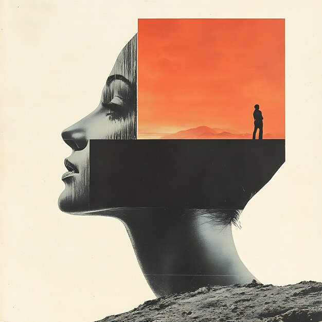 Photo surreal collage of a womans head with a sunset landscape and a man silhouetted in the distance