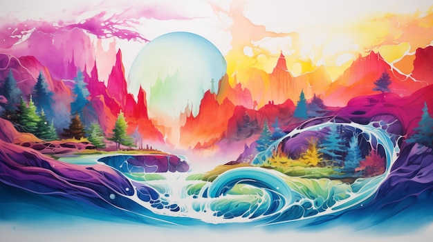 Surreal and Colorful Fantasy Landscape with Vibrant Sunset and Whirling River