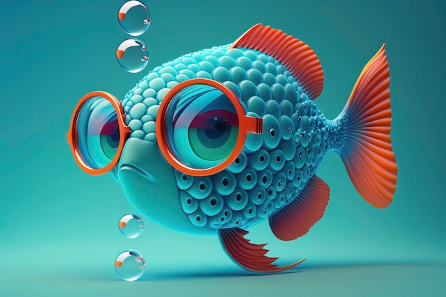 A surreal colorful fish with a glasses 3D rendering surrealism on blue background