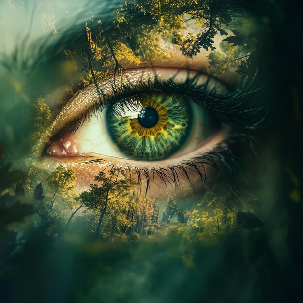 Photo surreal composition of eye blended with forest landscape