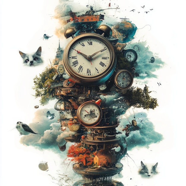 Photo a surreal composition featuring clocks nature and animals intertwined in a dreamlike scene