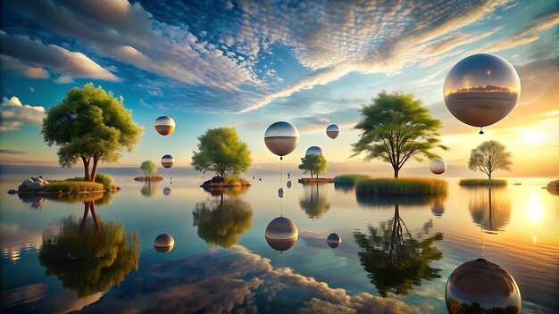 Photo a surreal composition of floating objects in a landscape with soft colors and dreamlike elements