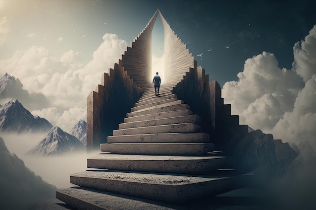 Surreal concept of a person climbing stairs Illustration AI Generative