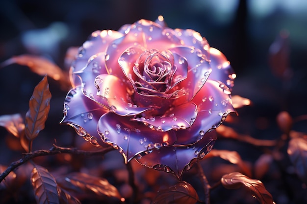 Surreal cyberpunk rose of metal emerges from a dark violet gradient