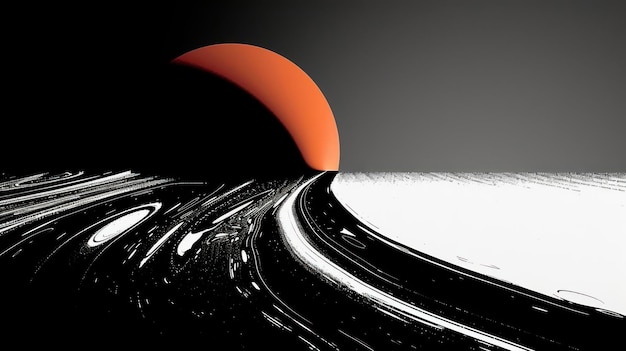 A surreal depiction of a cosmic landscape with a large orange sun and swirling black and white patterns