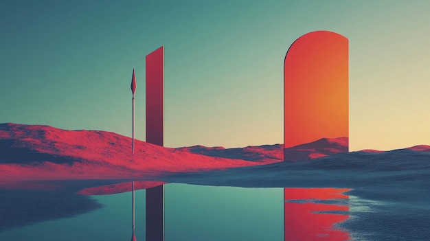 Photo surreal desert landscape with abstract geometric sculptures at sunset