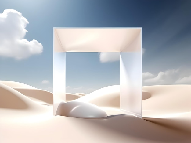 Surreal Desert Landscape with Floating White Portals and Ethereal Clouds in Minimalist Composition