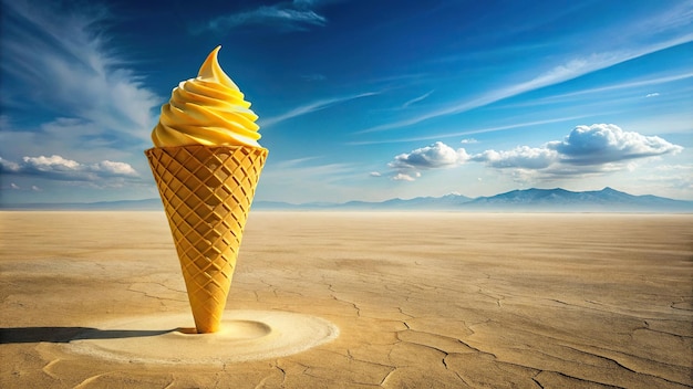 Surreal desert landscape with huge yellow ice cream cone stuck