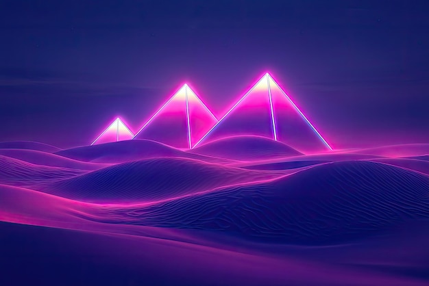 Photo a surreal desert landscape with neonlit pyramids casting an ethereal glow over the sand dunes evoking a futuristic and dreamlike atmosphere