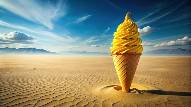 Surreal desert landscape with oversized yellow ice cream cone stuck