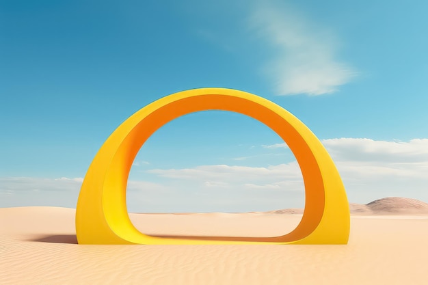 Surreal desert landscape with white clouds going into the yellow square portals on sunny day