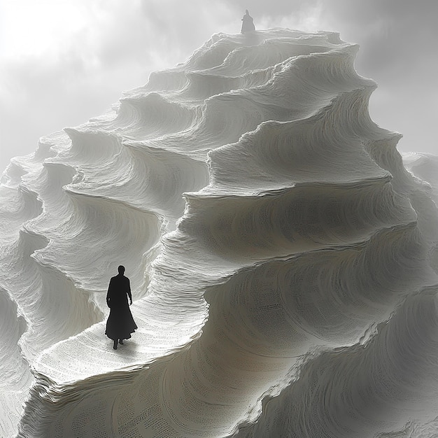 Photo surreal desert made of pages of a book undulating waves endless horizon in the distance a man dre