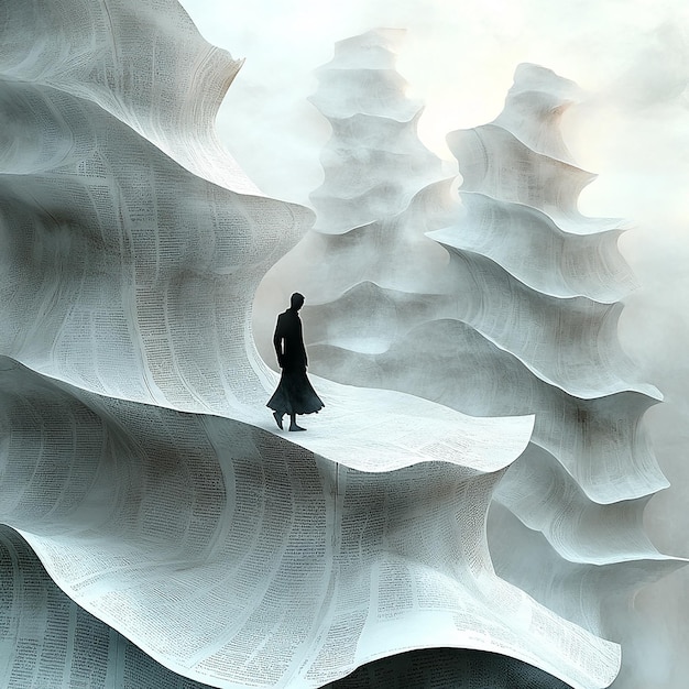 Surreal desert made of pages of a book undulating waves endless horizon in the distance a man dre