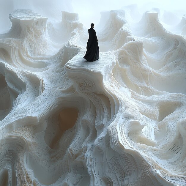 Surreal desert made of pages of a book undulating waves endless horizon in the distance a man dre