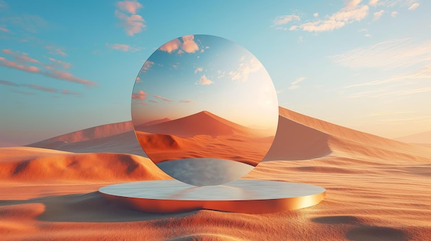 Photo surreal desert reflection art circular mirror in desert landscape