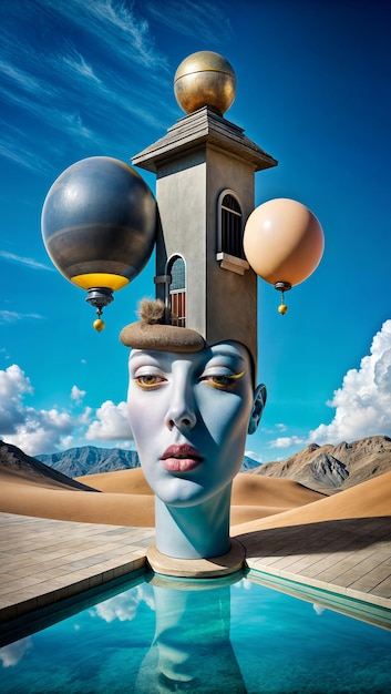 Photo surreal desert scene with floating objects