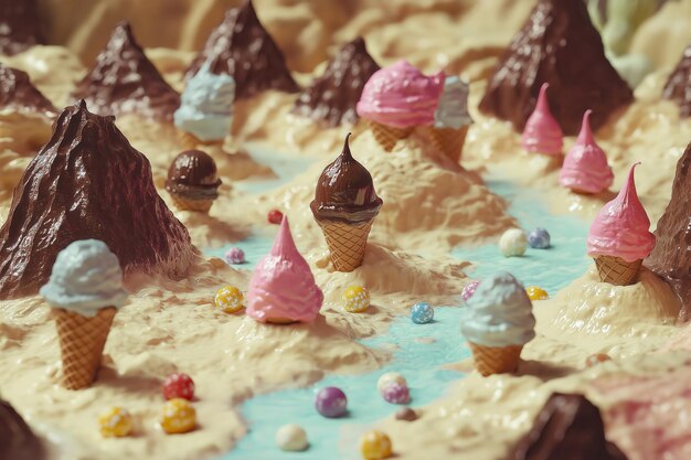 Photo a surreal desert with floating ice cream cones as mountains and rivers of chocolate