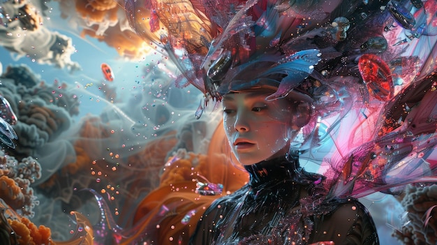 Surreal digital art of a person surrounded by colorful abstract elements blending imagination and reality in a dreamy mystical landscape