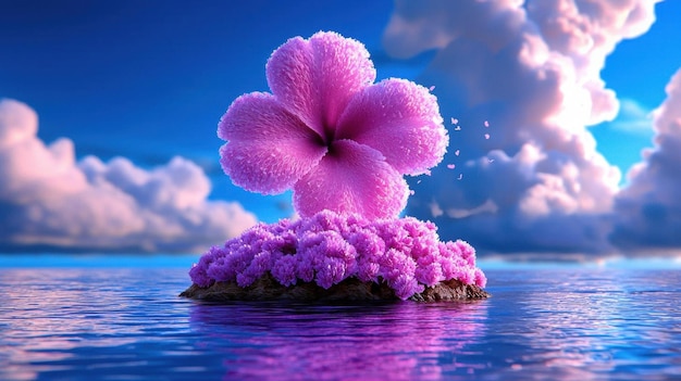 Photo a surreal digital artwork depicting floating islands with giant flowers and whimsical creatures