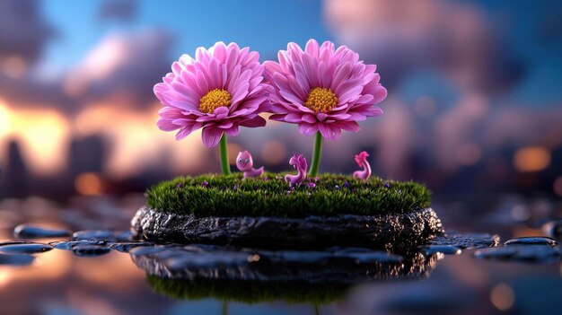 Photo a surreal digital artwork depicting floating islands with giant flowers and whimsical creatures