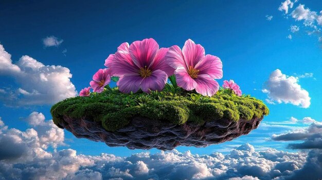 Photo a surreal digital artwork depicting floating islands with giant flowers and whimsical creatures