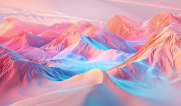 Surreal digital landscape of colorful hills and valleys