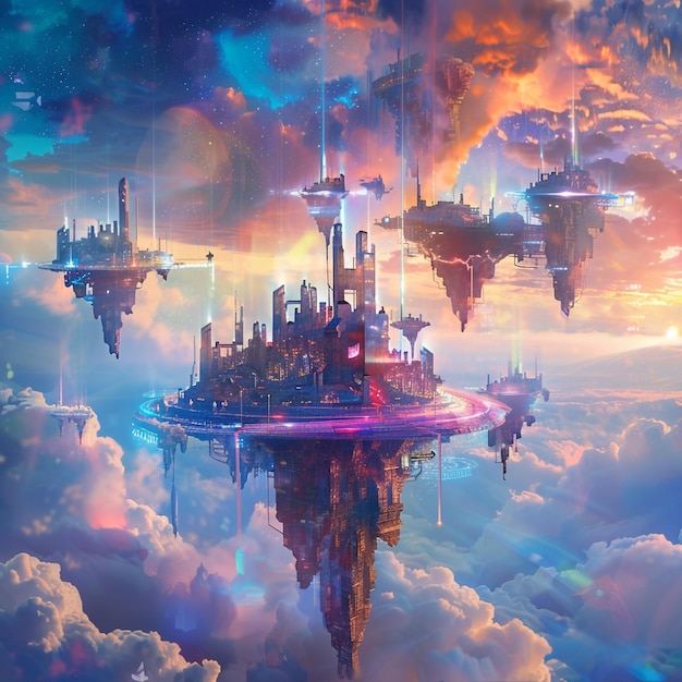 A surreal digital landscape featuring floating islands suspended in a vast and endless sky