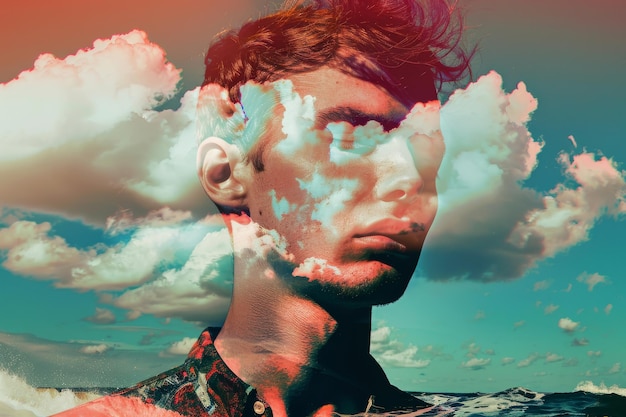 Surreal Double Exposure Portrait of Man with Clouds and Ocean Background