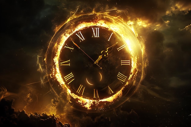 Surreal and Dramatic Fiery Clock Illustration Representing Time and Fantasy in a Mystical Setting