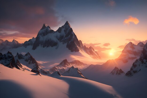 A surreal dreamlike sunrise over a snowcapped mountain range generated by Ai