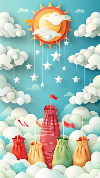 Surreal Dreamscape Featuring Stylized Sun Playful Clouds Stars Hanging from Strings Decorated