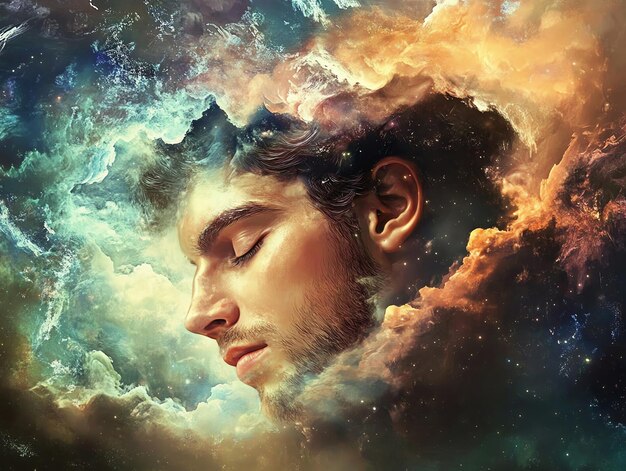 Photo surreal dreamscape of a man immersed in colorful cosmic clouds