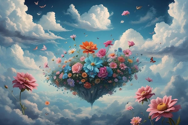 Surreal Dreamscape Pappy Flowers Floating on Clouds Artwork