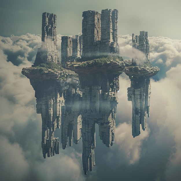 A surreal dreamscape populated by towering monolithic structures rising from the misty depths