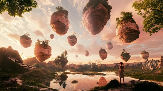 Photo a surreal dreamscape with floating islands upsidedown landscapes and impossible architecture