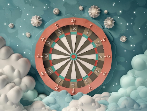 Surreal Dreamy Dartboard Amid Fluffy Clouds and Starry Sky Fantasy Whimsical Artwork Capturing the